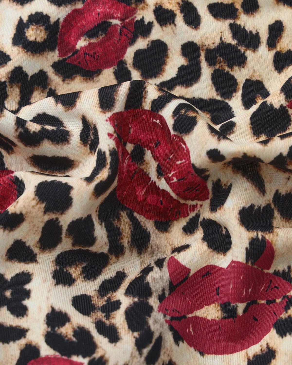 BSZN Wild Kiss Animal-Print Cutout Brief — Brown leopard and red lips print detail.