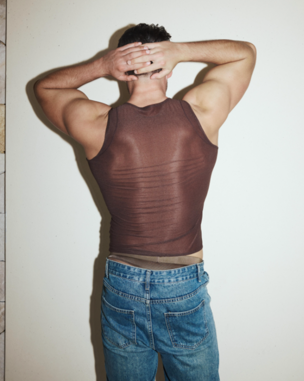 BSZN Crystal Sheer Tank Top — Brown back on model.