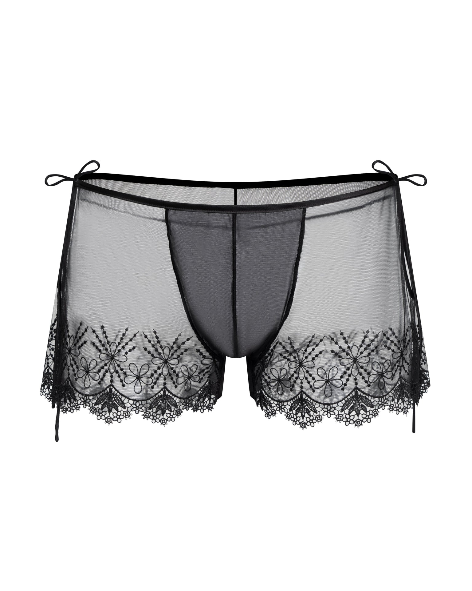 Floral Embroidered Sheer Lounge Shorts with floral border embroidery
