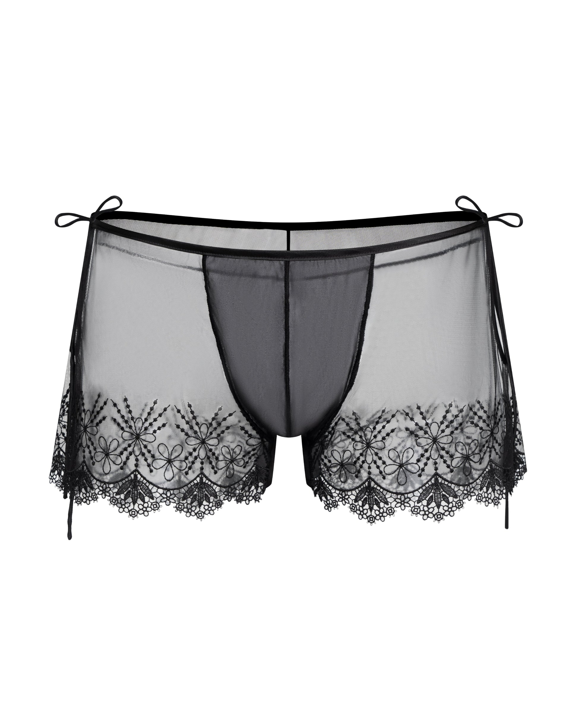 Floral Embroidered Sheer Lounge Shorts with floral border embroidery