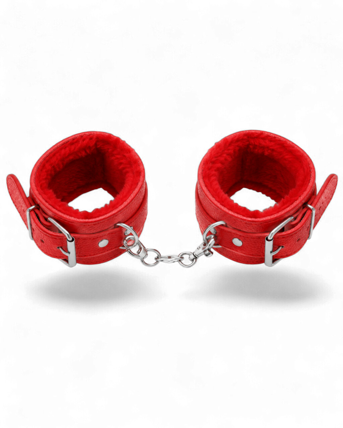 BSZN Red Chain-Linked Wrist Cuffs laid open with silver-tone chain