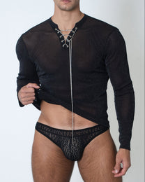 Lace-Up Metallic Mesh Long-Sleeve Top, alternate product view 4