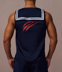 Model wearing the BSZN claw-mark sailor tank top, back view