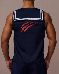 Model wearing the BSZN claw-mark sailor tank top, back view