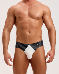 BSZN Temptation Served Pinstripe Brief, on model, front view