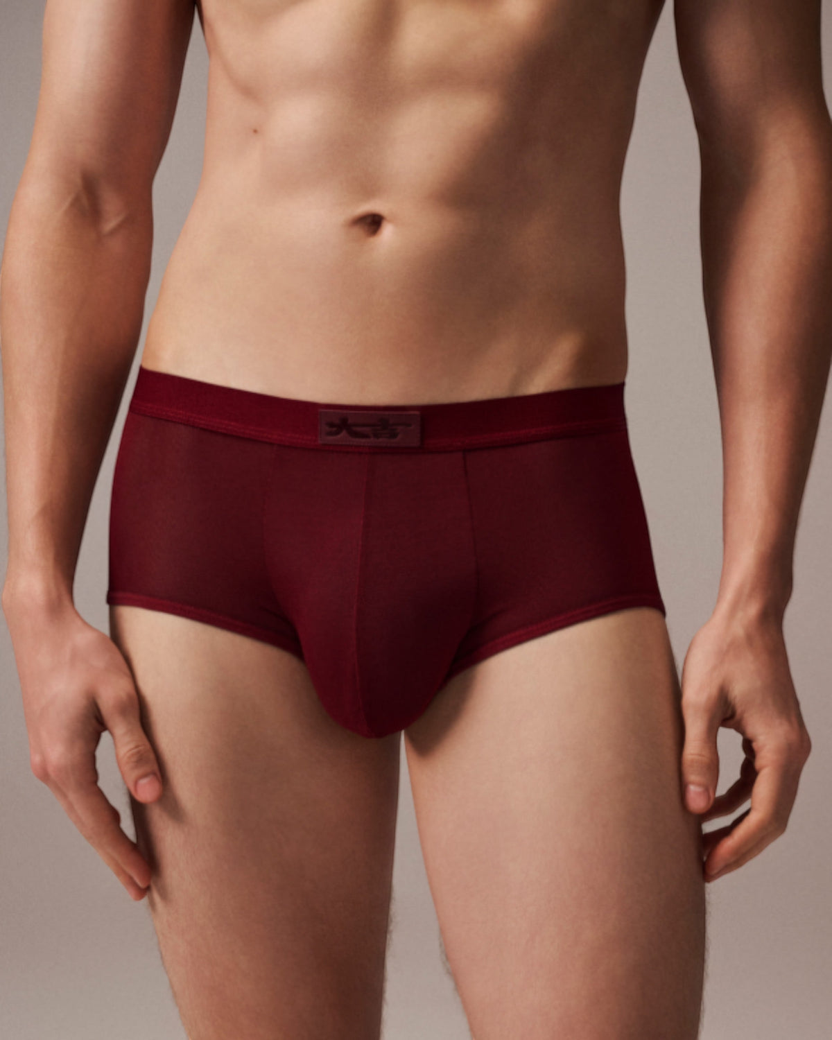 Model wearing the deep red BSZN Good Fortune Sheer Mesh Trunk, straight front view