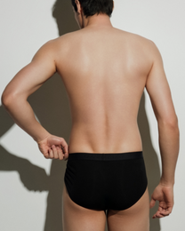 BSZN Thorn Print High-Cut Brief, in black on model, rear view