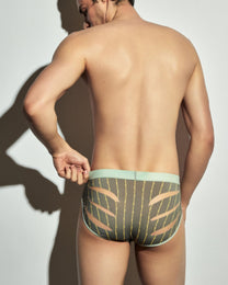 BSZN Thorn-Stripe Slash-Cut Brief, in gray on model, rear cutout view