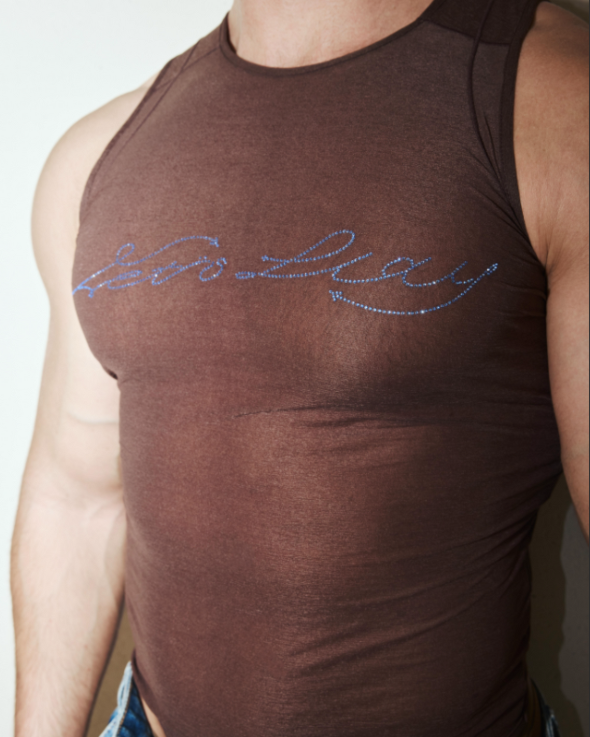 BSZN Crystal Sheer Tank Top — Rhinestone script on model.