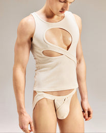Model wearing the white BSZN ribbed jockstrap, front view