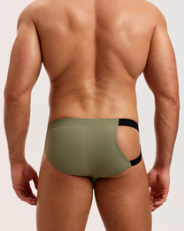 BSZN Net Breaker Cutout Mesh Brief, in green on model, half-open rear view
