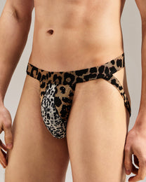 BSZN Crystal Animal-Print Mesh Jockstrap, brown leopard colorway on model, front view