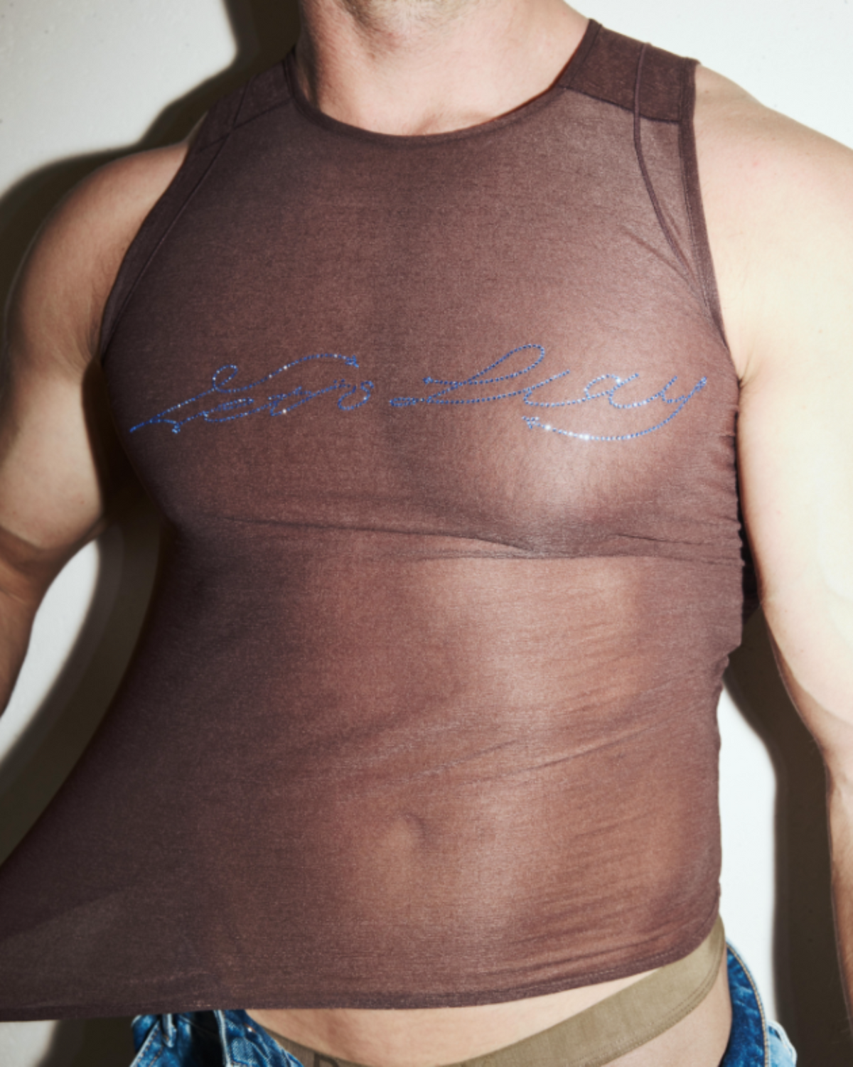 BSZN Crystal Sheer Tank Top — Brown sheer chest on model.
