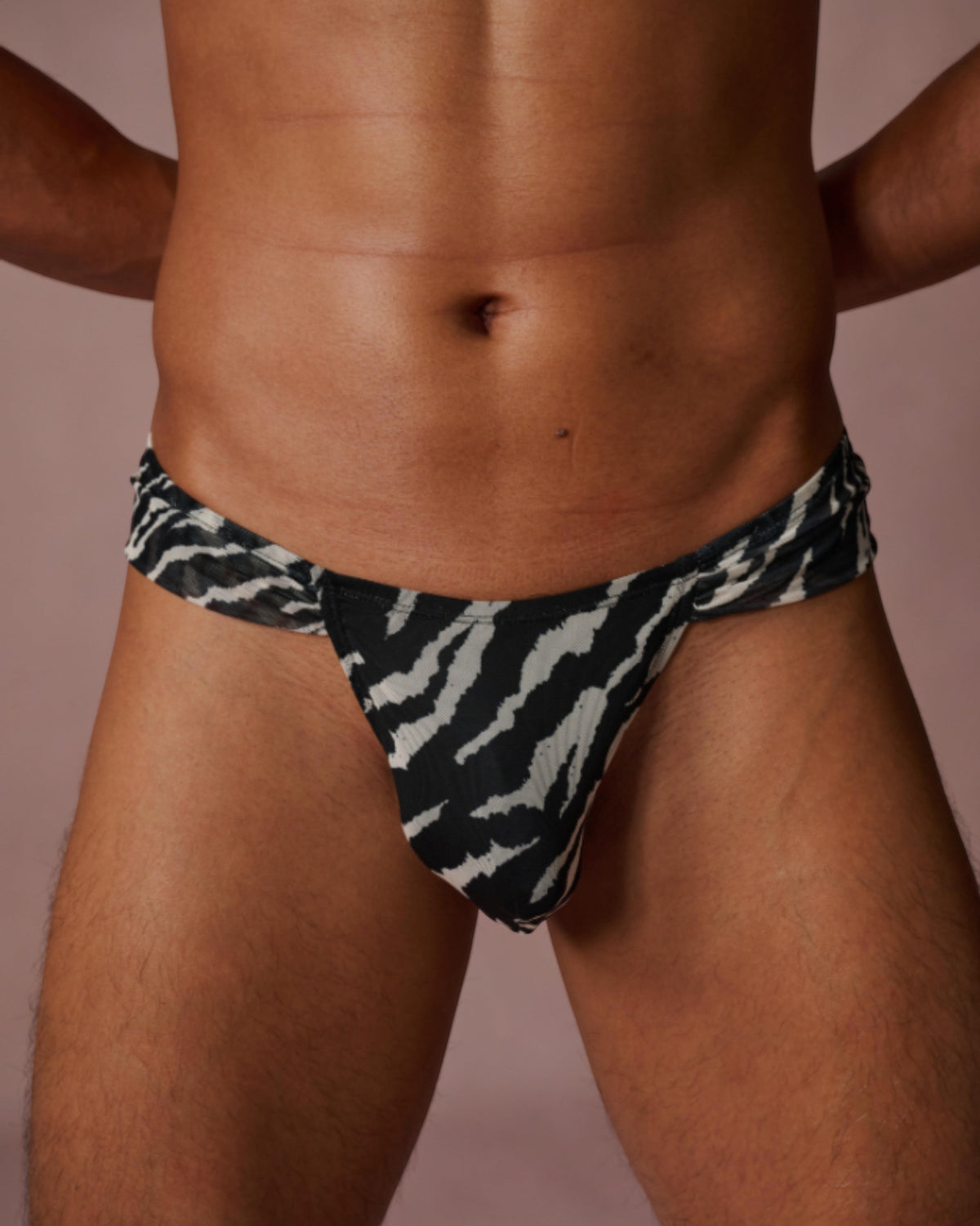 BSZN Animal-Print Cutout Mesh Thong, zebra colorway on model, front view