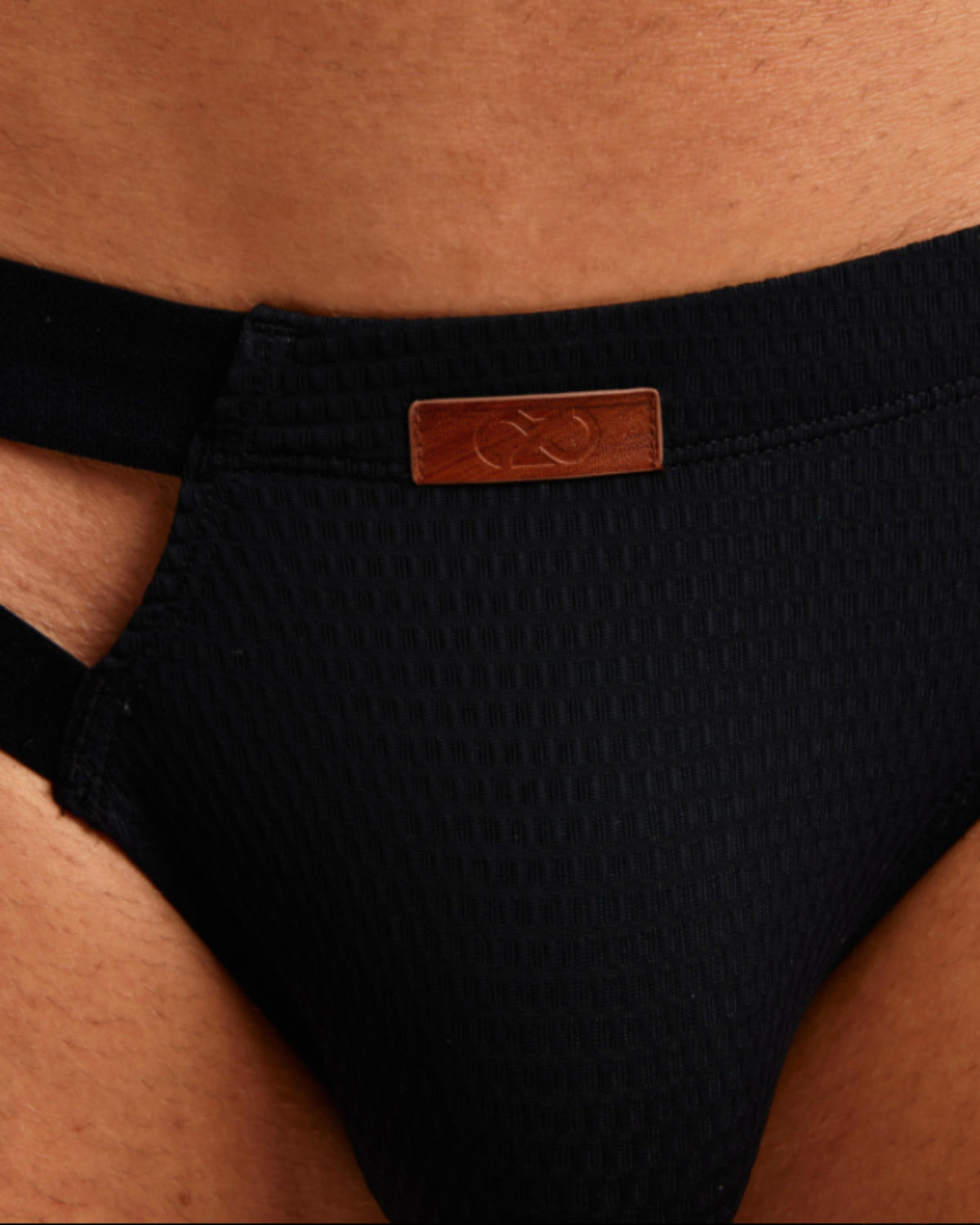 BSZN Net Breaker Cutout Mesh Brief, black textured mesh and logo detail