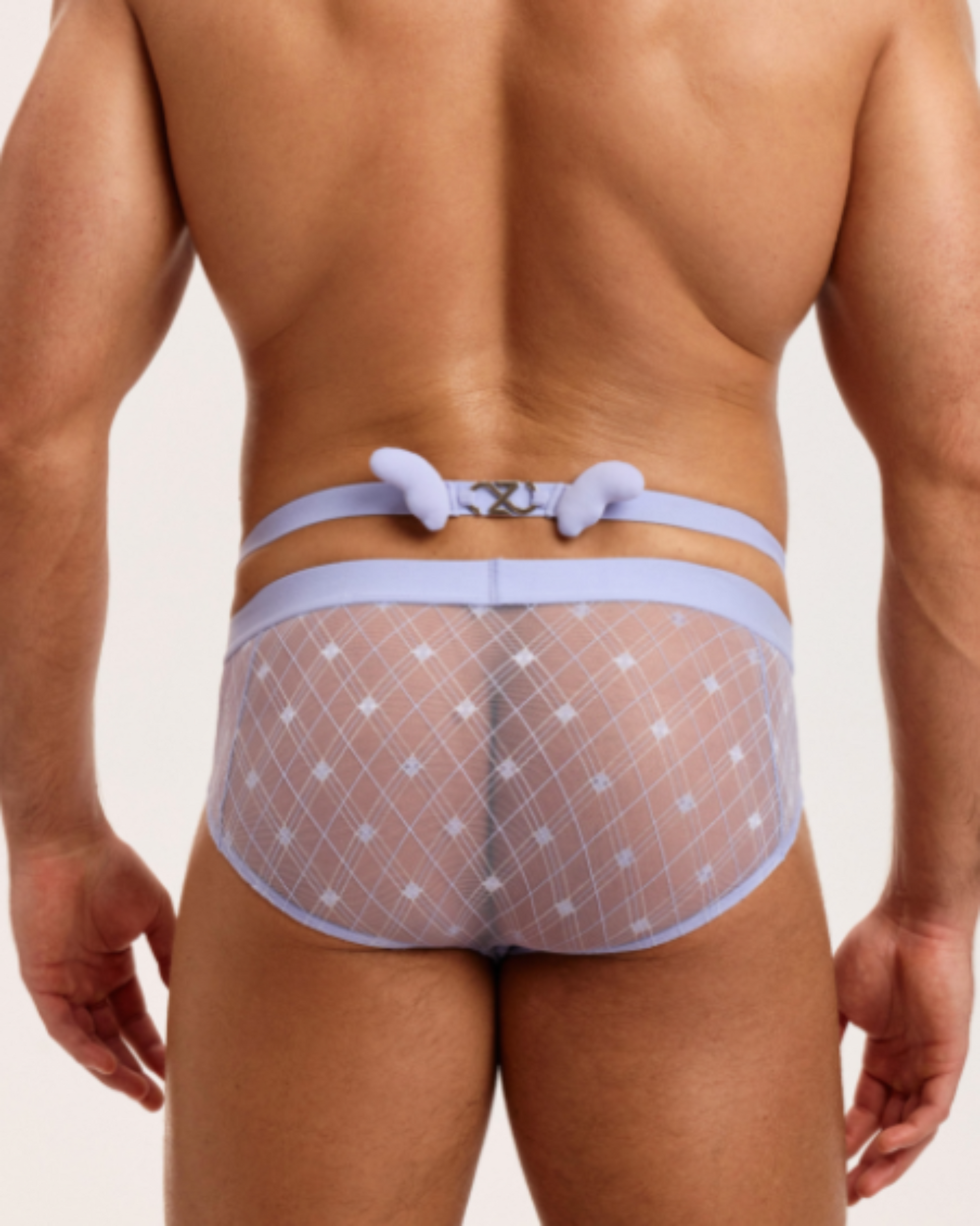 BSZN Sheer Argyle Double-Waist Brief, lavender purple colorway on model, double-waist rear view