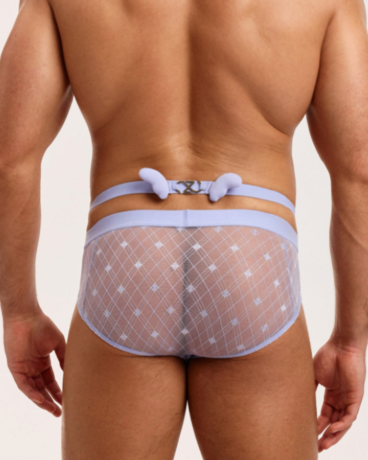 BSZN Sheer Argyle Double-Waist Brief, lavender purple colorway on model, double-waist rear view