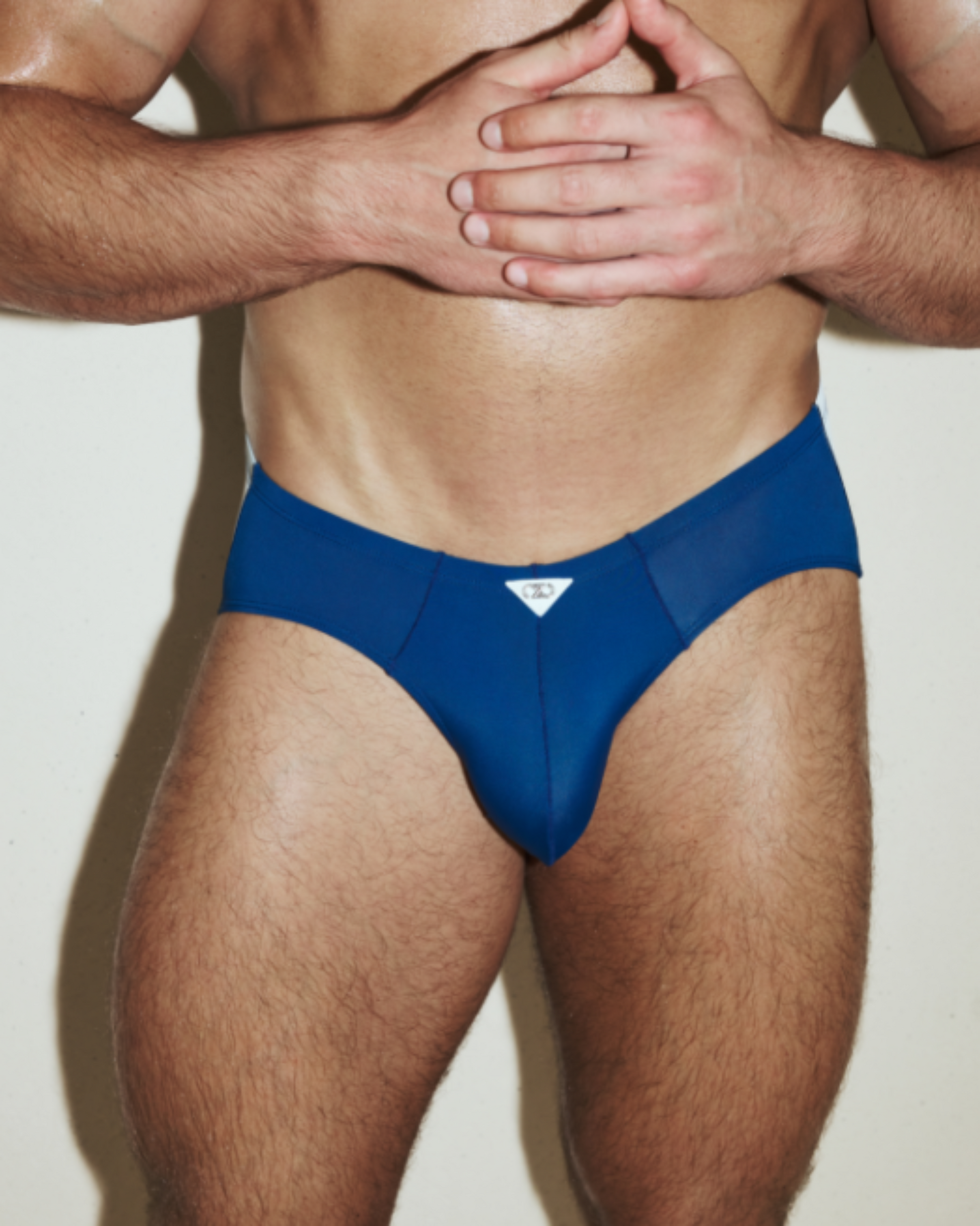 Model wearing the BSZN Sailor Scarf Ruched Brief, front view