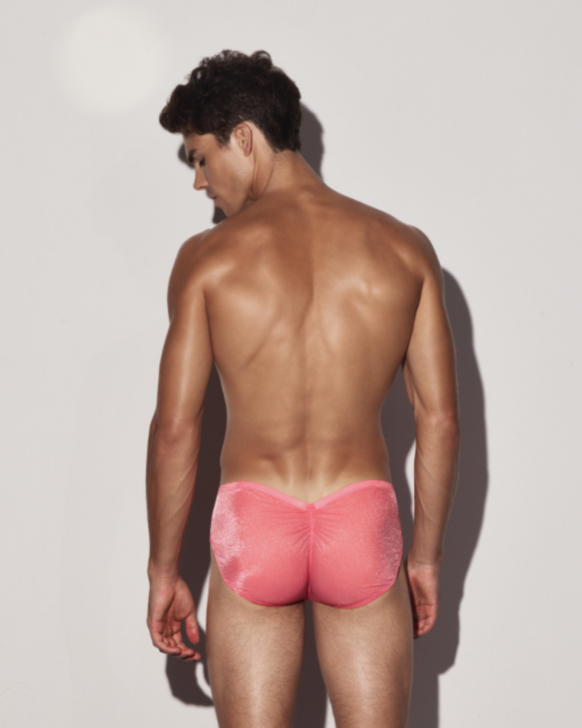 BSZN Shimmer Horseshoe Ring Brief — Pink ruched back on model.