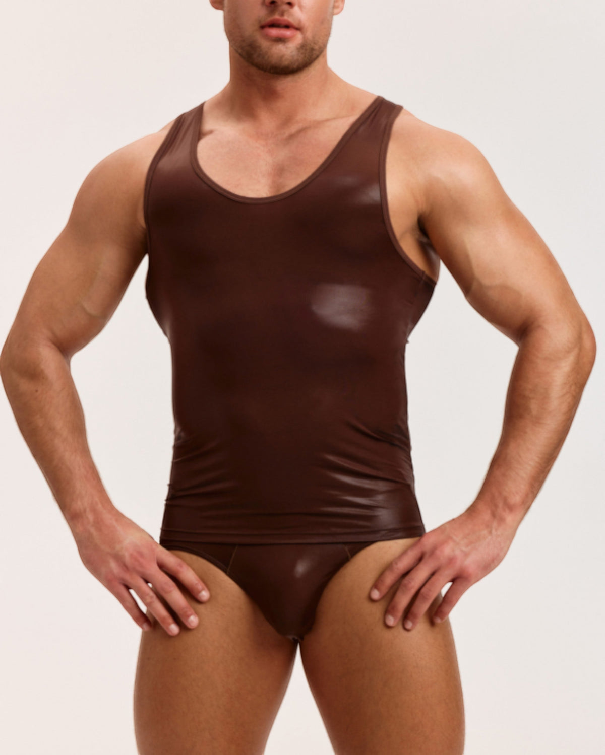 Model wearing the brown BSZN Liquid Skin Racerback Tank Top, front view