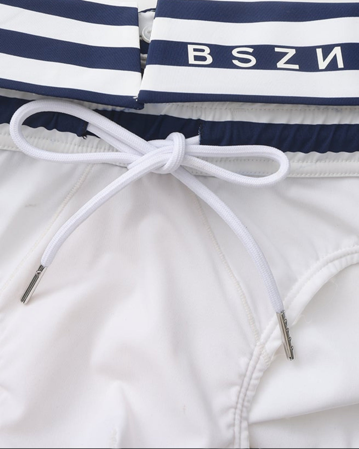 BSZN Sailor Foldover-Waist Brief, striped BSZN waistband, zipper and drawstring detail