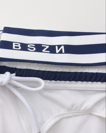 BSZN Sailor Foldover-Waist Brief, BSZN stripe panel and gathered inner-waist detail
