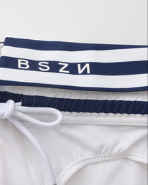BSZN Sailor Foldover-Waist Brief, BSZN stripe panel and gathered inner-waist detail