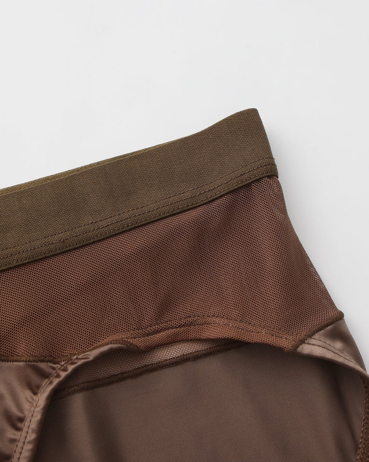 BSZN Midnight Shimmer Mesh-Panel Brief — Brown mesh waist panel detail.