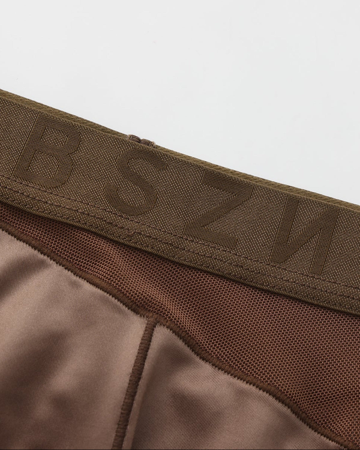 BSZN Midnight Shimmer Mesh-Panel Brief — Brown BSZN waistband detail.