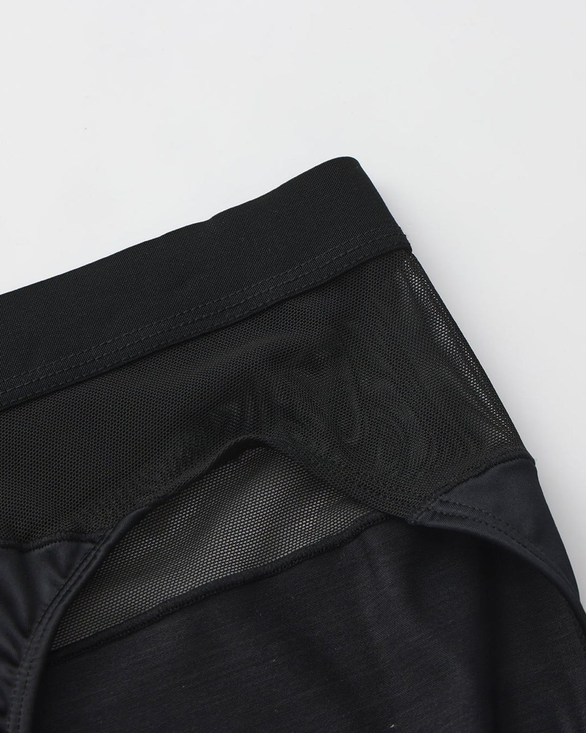 BSZN Midnight Shimmer Mesh-Panel Brief — Black mesh waist detail.