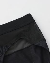 BSZN Midnight Shimmer Mesh-Panel Brief — Black mesh waist detail.
