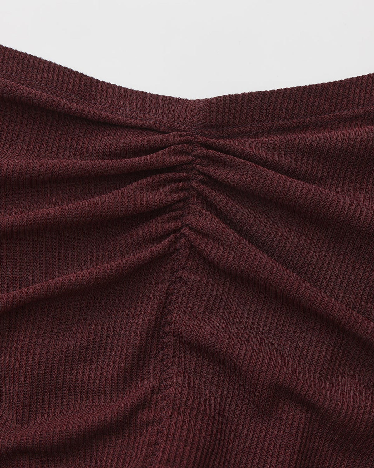 BSZN Crystal Veil V-Sculpt Brief — Dark red rear ruching close-up.