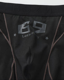 Close-up of the grey 69 graphic and contrast pouch seams