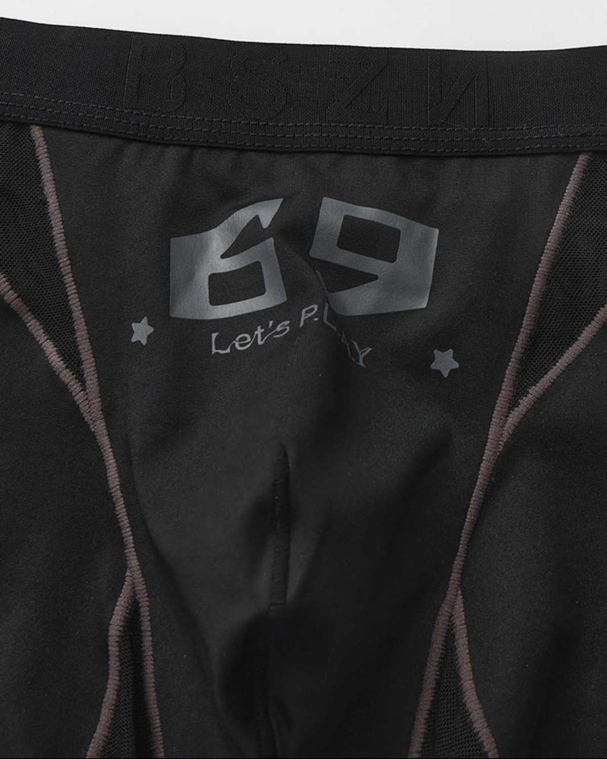 Close-up of the grey 69 graphic and contrast pouch seams