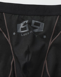 Close-up of the grey 69 graphic and contrast pouch seams