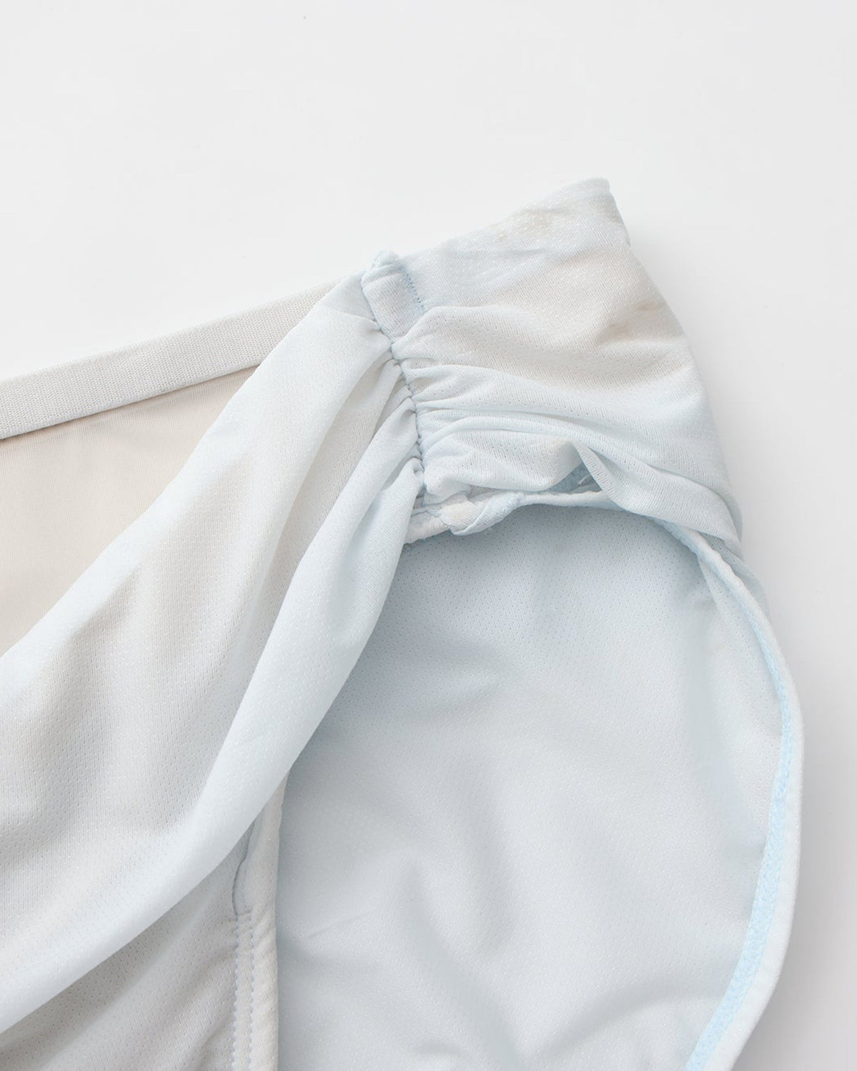 BSZN Shimmer Mesh V-Waist Chain Brief — Pale blue gathered side detail.