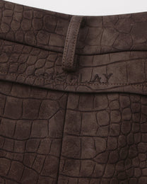 Close-up of the rear belt loop and tonal LET'S PLAY lettering on the brown shorts