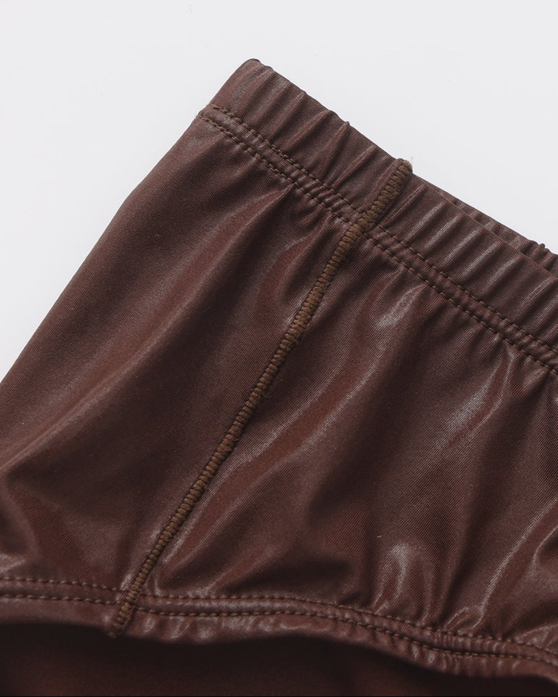 Close-up of the brown BSZN brief pouch seam and bound leg opening