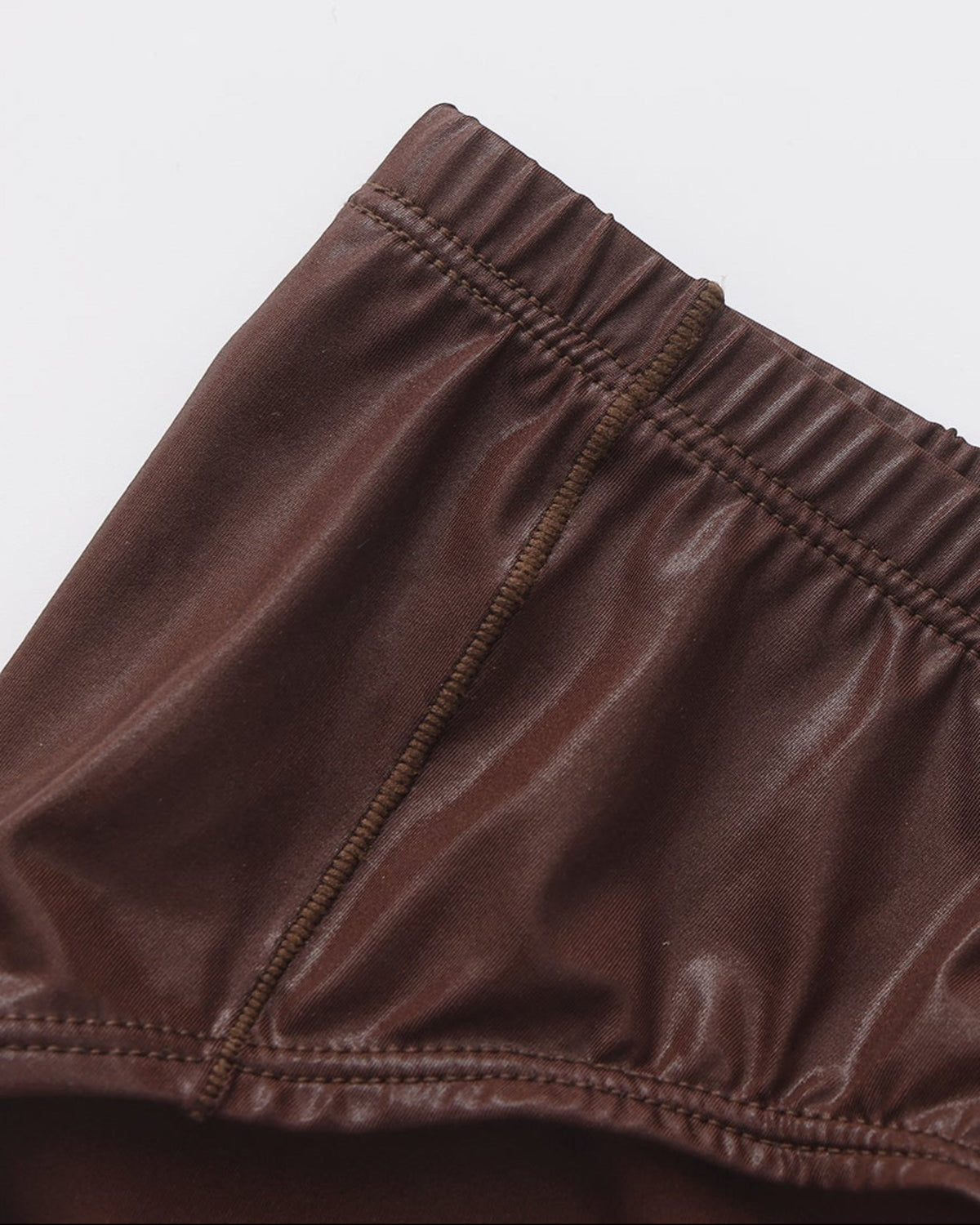 Close-up of the brown BSZN brief pouch seam and bound leg opening