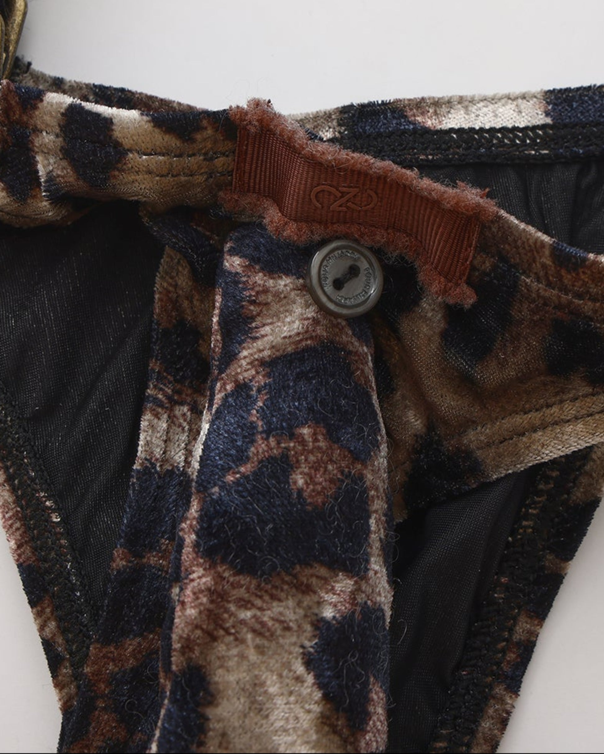 BSZN Leopard Velvet Body Harness, flocked leopard fabric and fastening detail