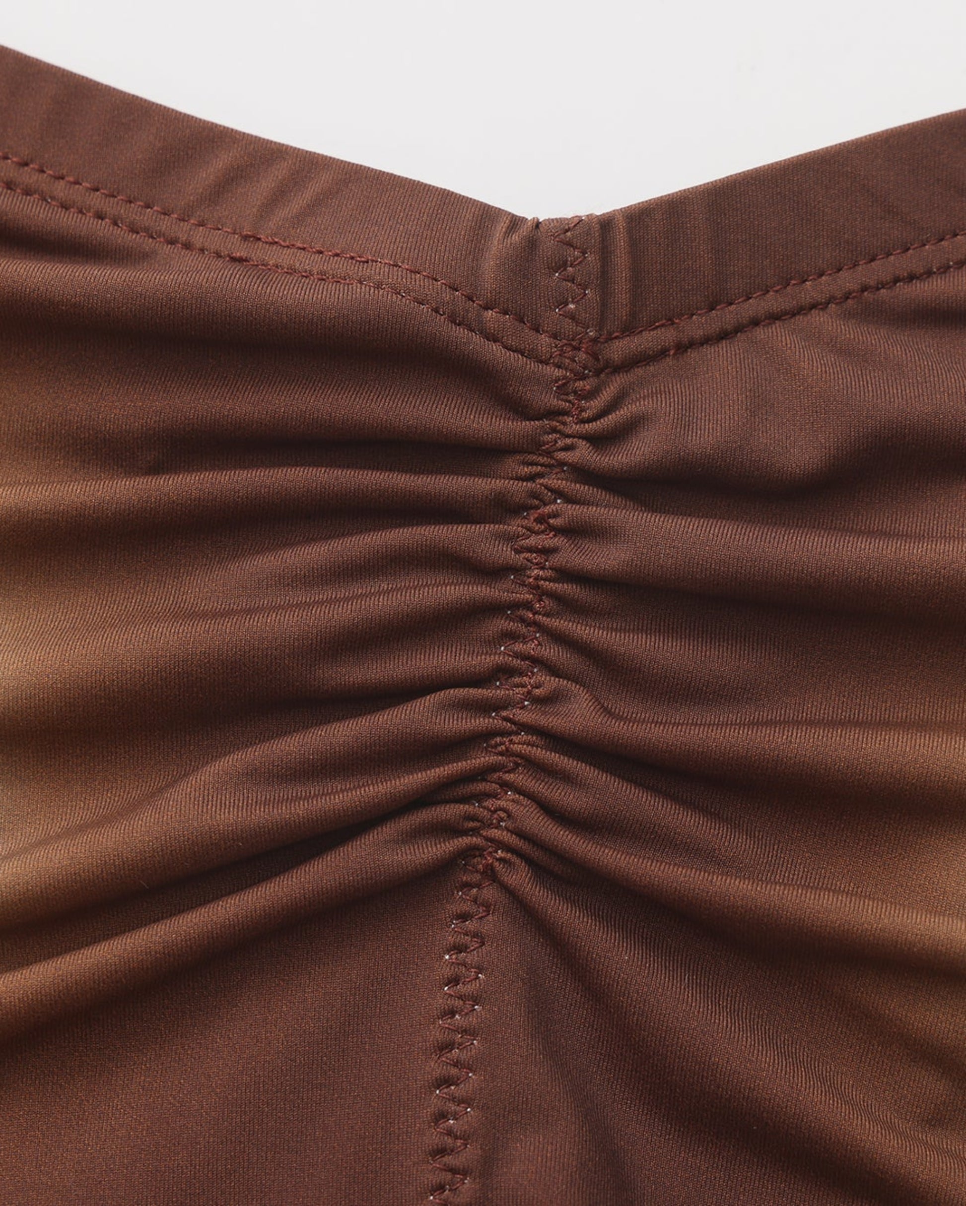 BSZN Sheer V-Waist Ruched-Back Brief, brown gathered center-back seam detail