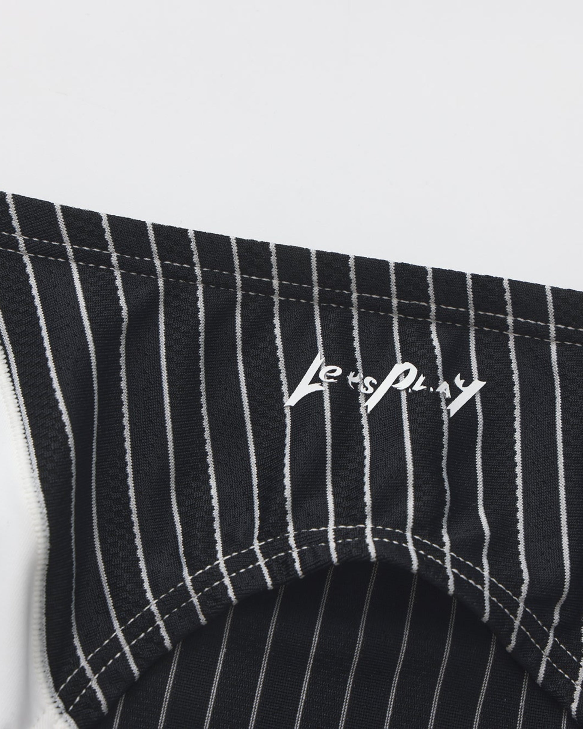 BSZN Temptation Served Pinstripe Brief, pinstripe fabric and Let's Play print detail