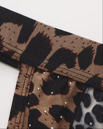 BSZN Crystal Animal-Print Mesh Jockstrap, brown leopard sheer waistband and crystal-stud detail