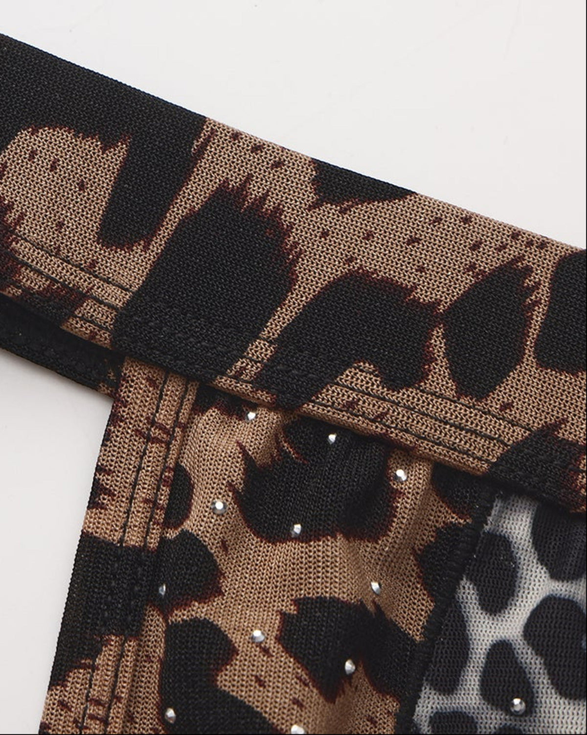 BSZN Crystal Animal-Print Mesh Jockstrap, brown leopard sheer waistband and crystal-stud detail