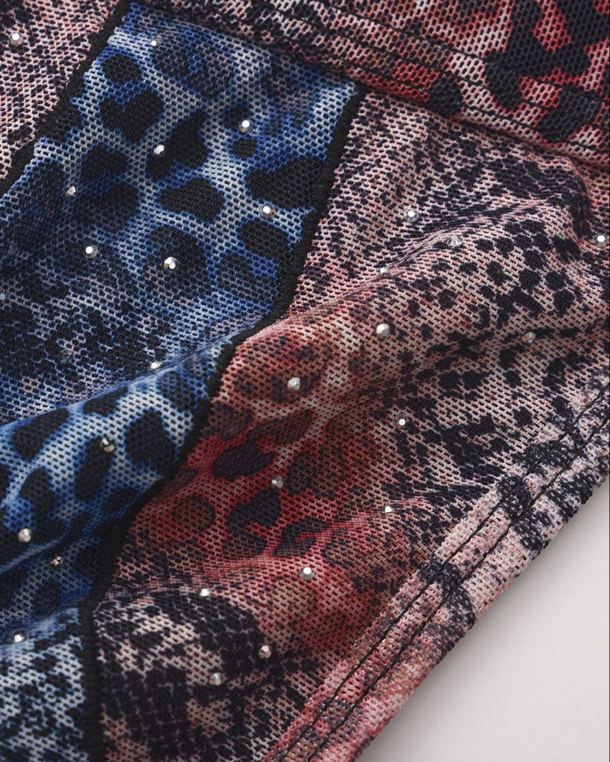 BSZN Crystal Animal-Print Mesh Jockstrap, red and blue mesh paneling with scattered crystal studs