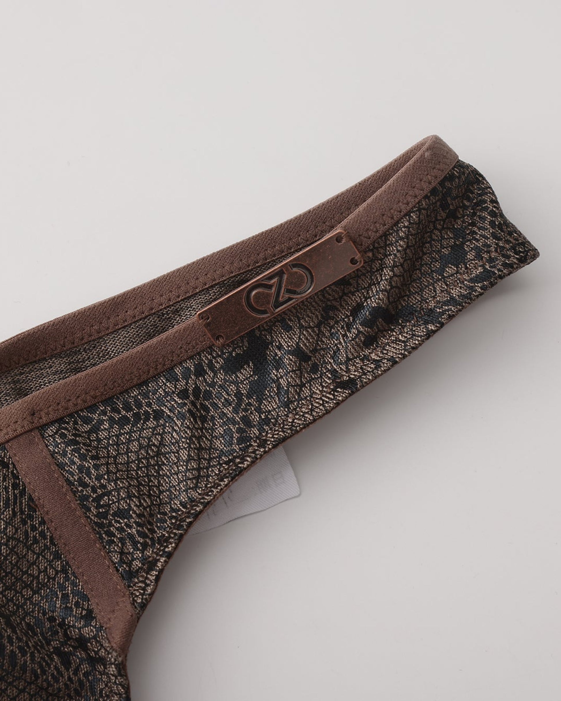 BSZN Snake-Print Sheer Mesh Thong, taupe waistband and metal logo-plaque detail
