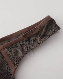 BSZN Snake-Print Sheer Mesh Thong, taupe waistband and metal logo-plaque detail