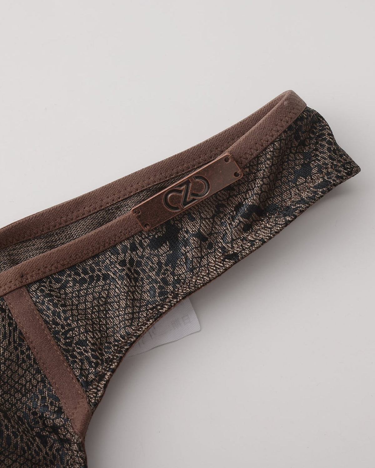 BSZN Snake-Print Sheer Mesh Thong, taupe waistband and metal logo-plaque detail