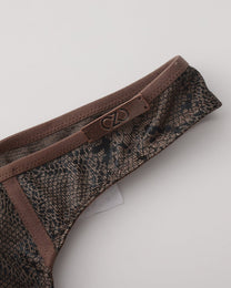 BSZN Snake-Print Sheer Mesh Thong, taupe waistband and metal logo-plaque detail