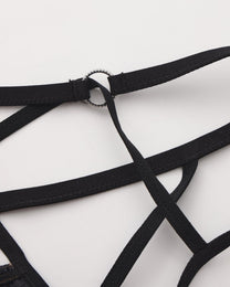 Close-up of the silver-tone ring and black strap junction on the BSZN cage thong